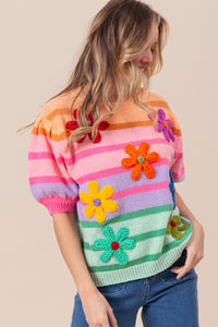 Flower Patch Puff Sleeve Striped Sweater