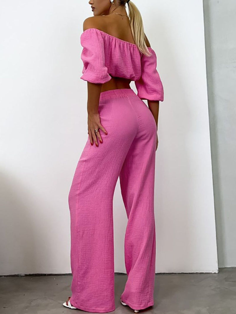 Off Shoulder Long Sleeve Top and Pants Set