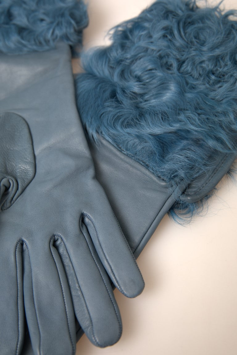 Dolce & Gabbana Elegant Blue Leather Gloves with Fur Trim