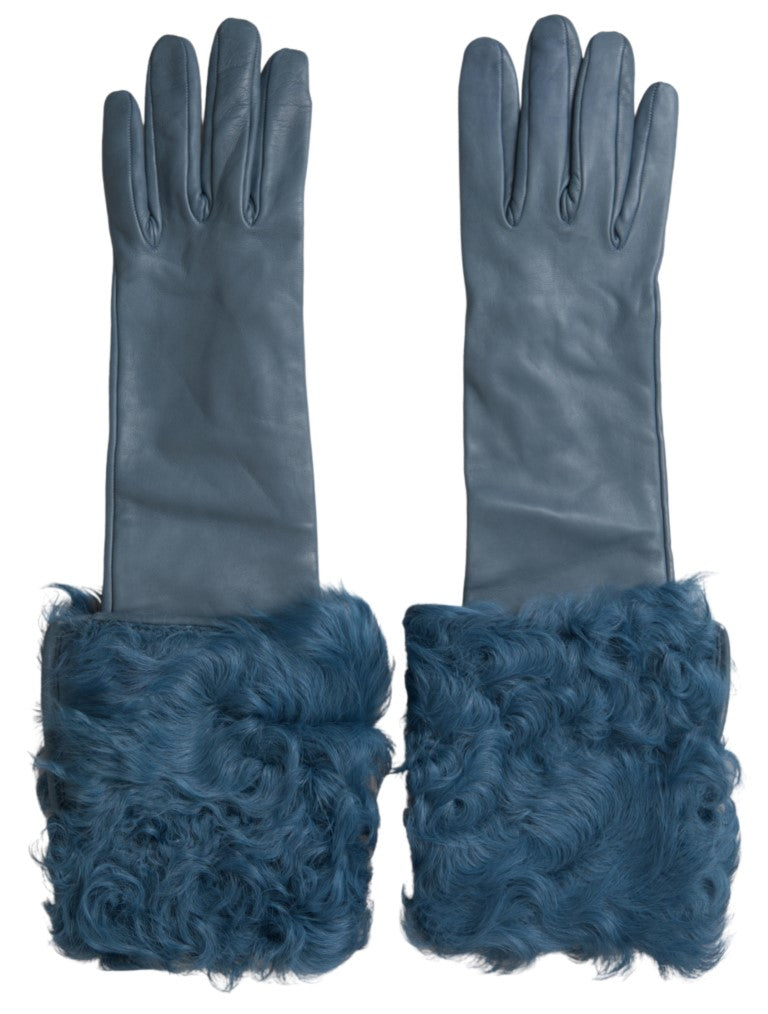 Dolce & Gabbana Elegant Blue Leather Gloves with Fur Trim