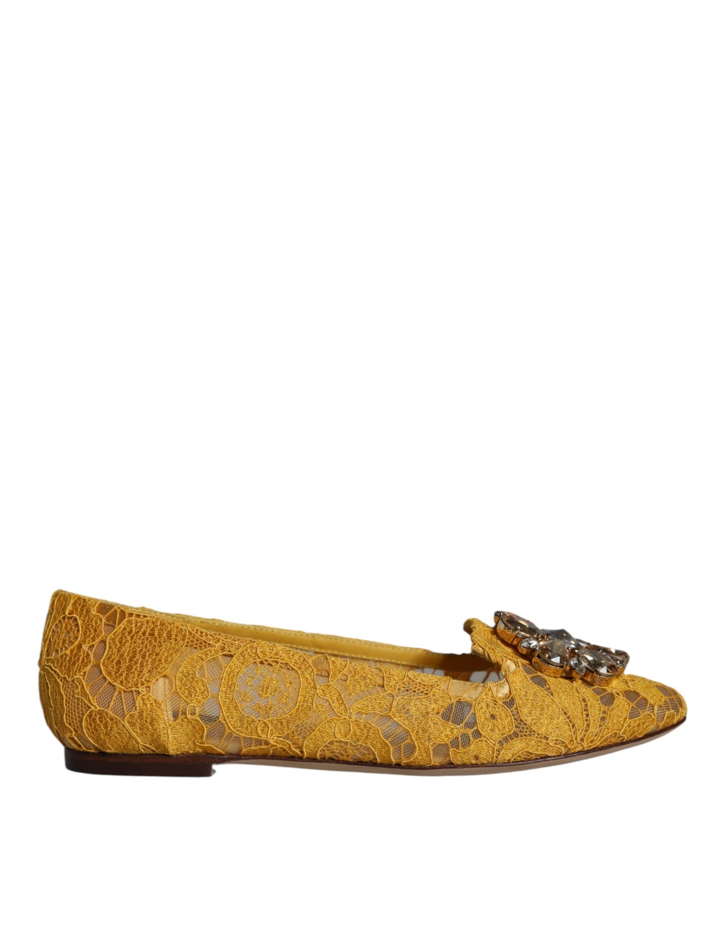 Dolce & Gabbana Mustard Lace Crystal Ballet Flats Loafer Shoes