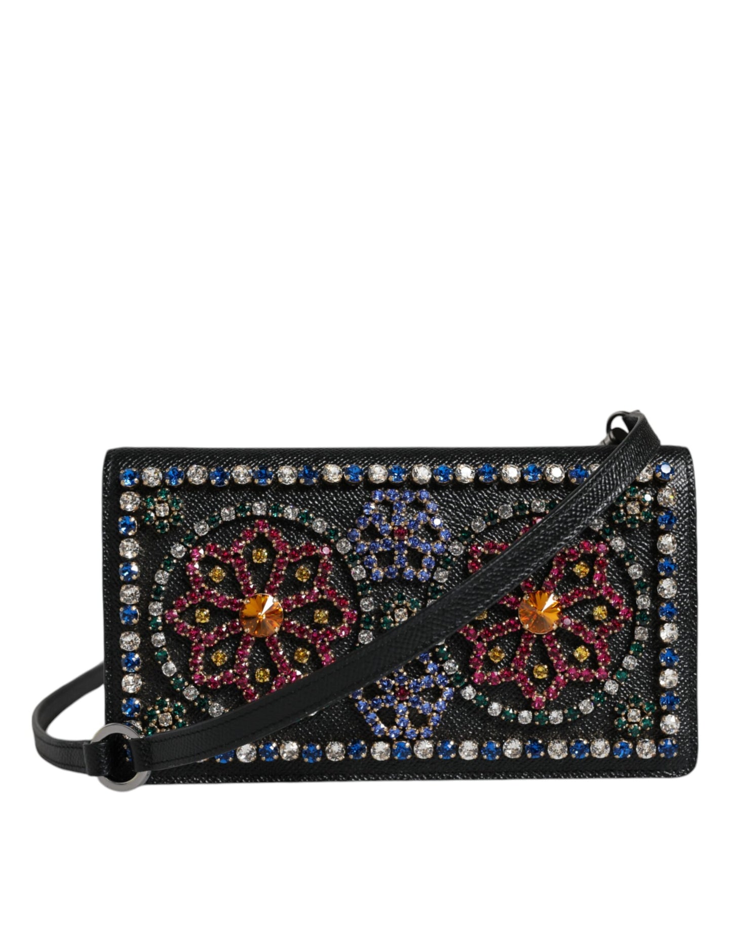 Dolce & Gabbana Black Leather Crystal Shoulder Crossbody Clutch Bag