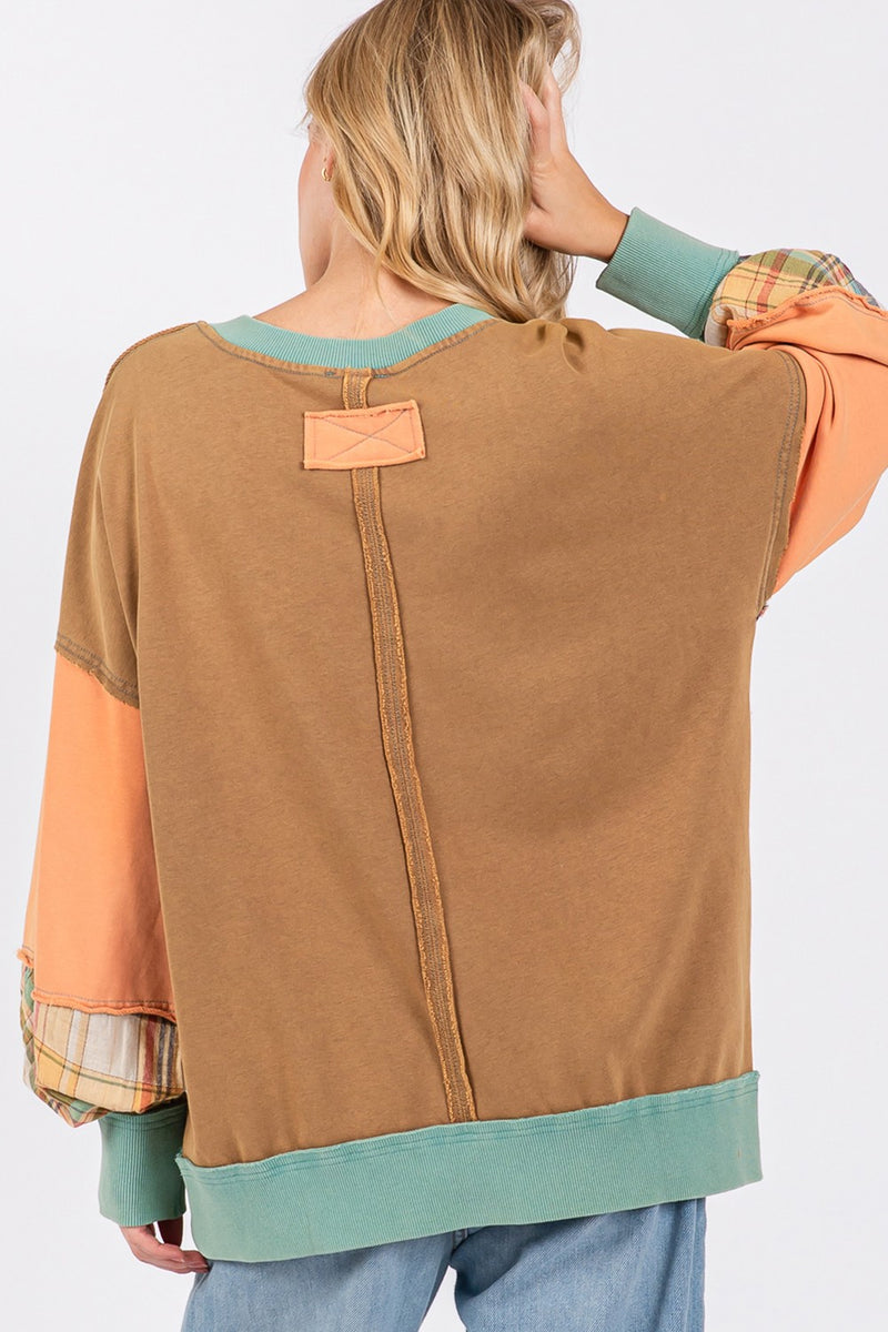 Mineral Wash Raw Edge Color Block Sweatshirt