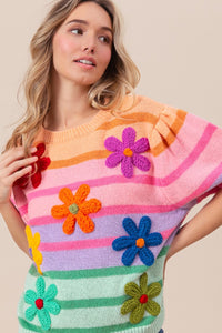 Flower Patch Puff Sleeve Striped Sweater