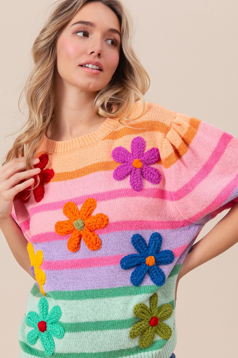 Flower Patch Puff Sleeve Striped Sweater